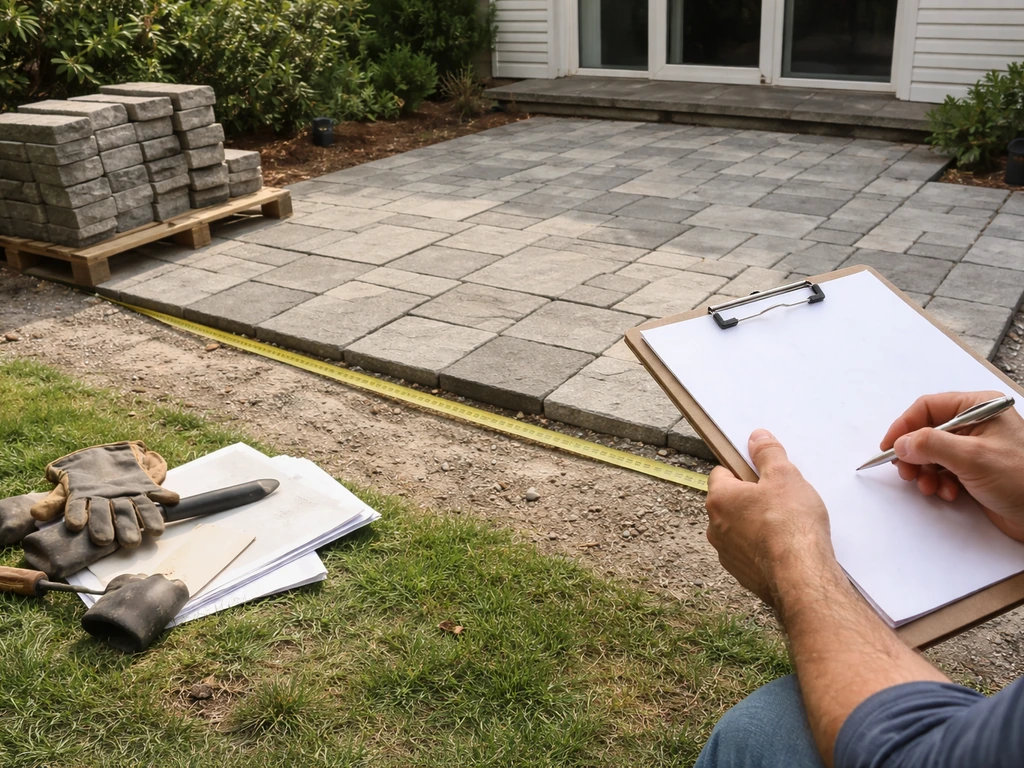 Homeowner measures a planned stone patio while reviewing a clipboard checklist outdoors