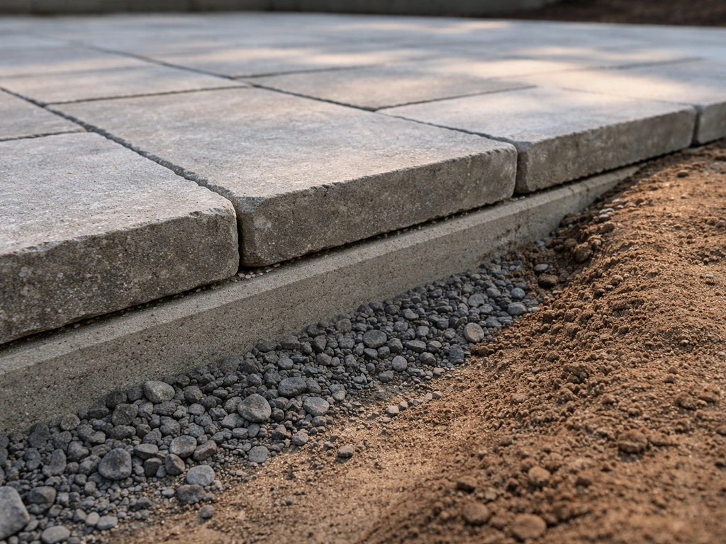 Close-up of a stone patio edge showing base depth and grading interface near edging