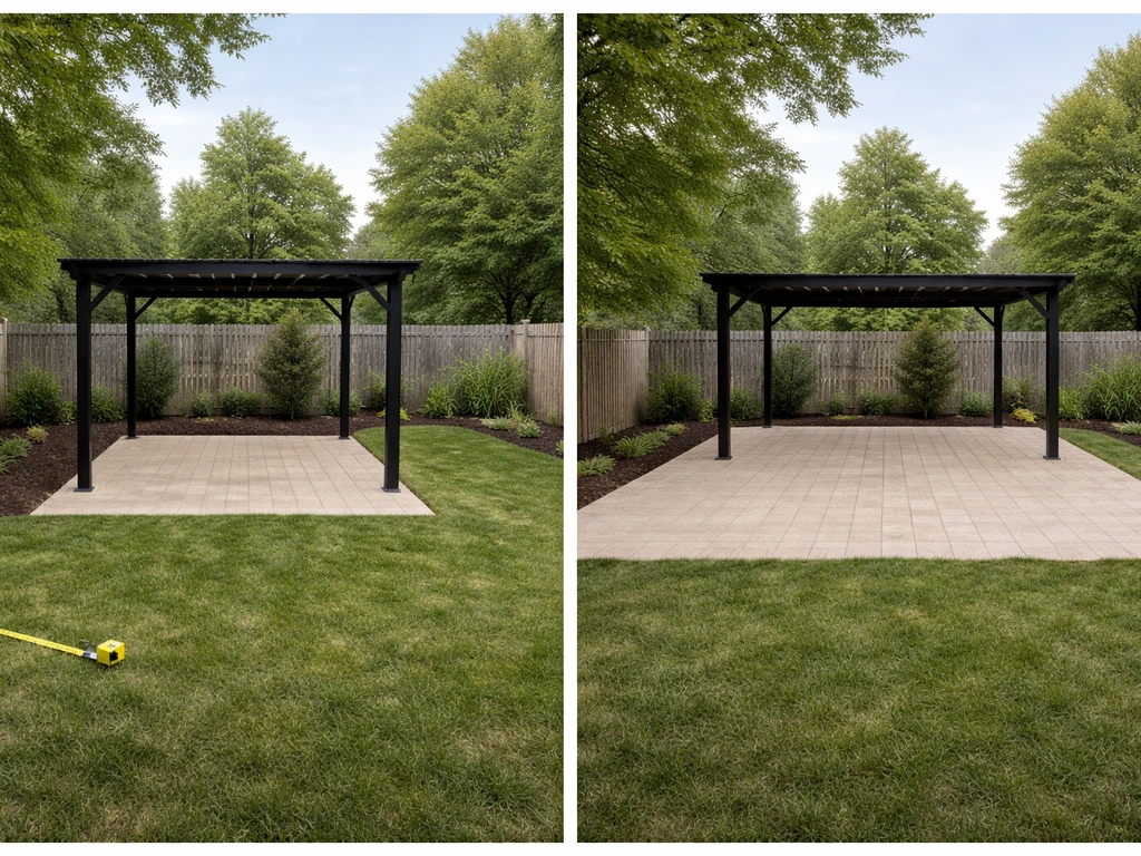 Two simple patio layouts side by side, showing different coverage sizes with realistic outdoor materials.