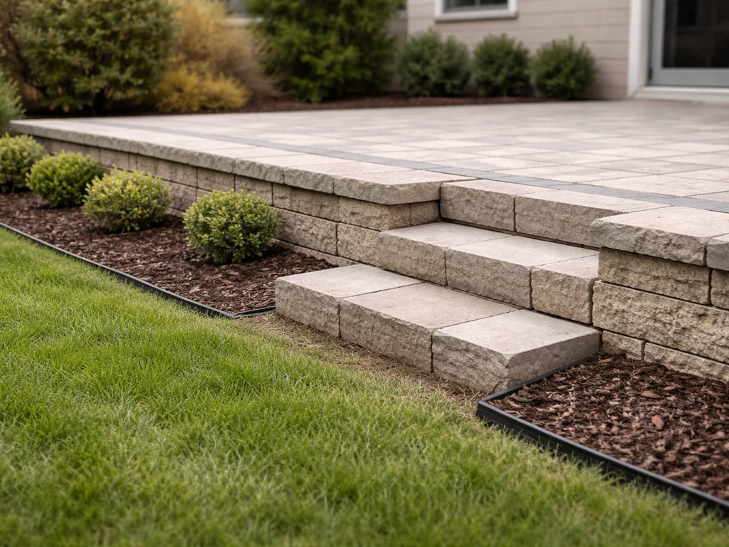 Side view of an elevated patio edge with a small retaining wall and steps against a yard grade