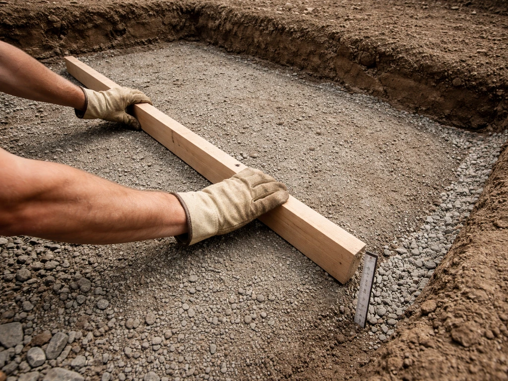Worker’s gloved hands checking excavation depth in a simple drainage-slope base for a stone patio