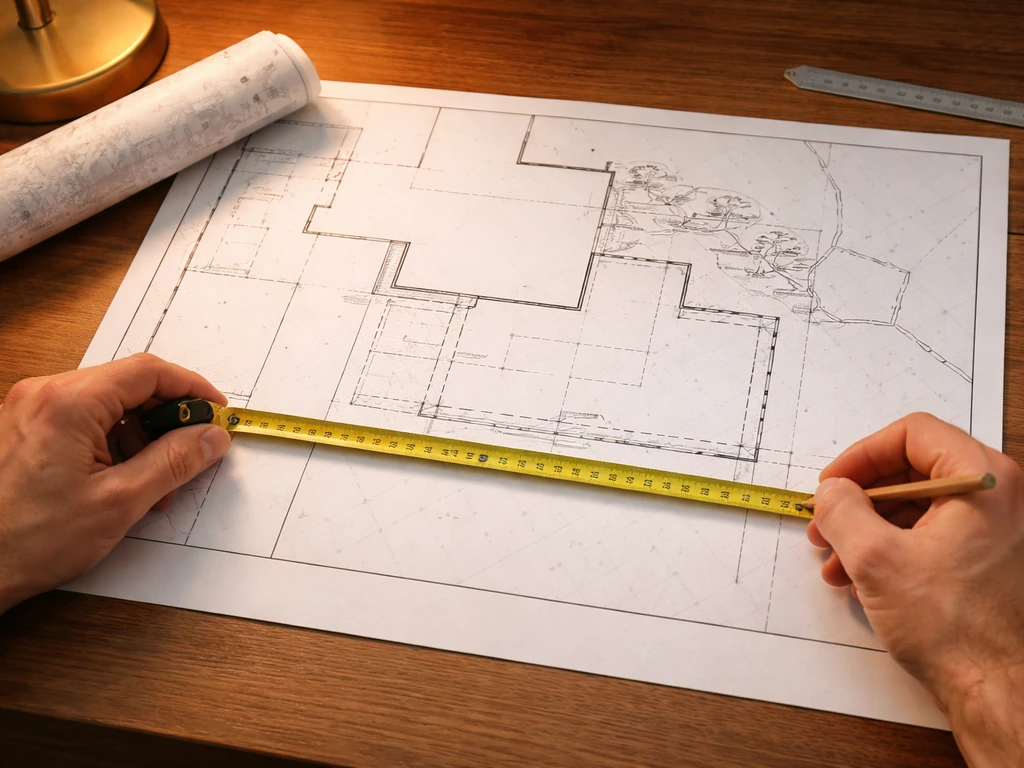 Hands laying a measuring tape over a printed property plat and marking patio setbacks on a table.