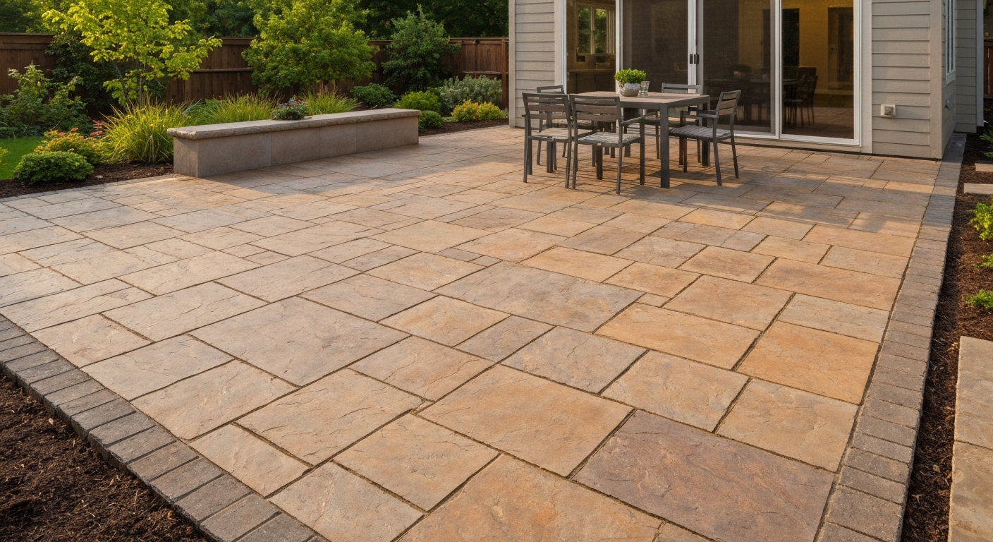 Backyard patio with Lafitt-style three-piece concrete slabs in warm earth tones, textured surface, outdoor furniture, late-afternoon light.