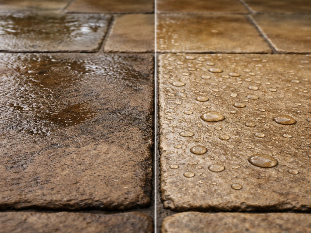 Close-up comparison of unsealed vs sealed flagstone: damp soaking on one side, water beading on the other.