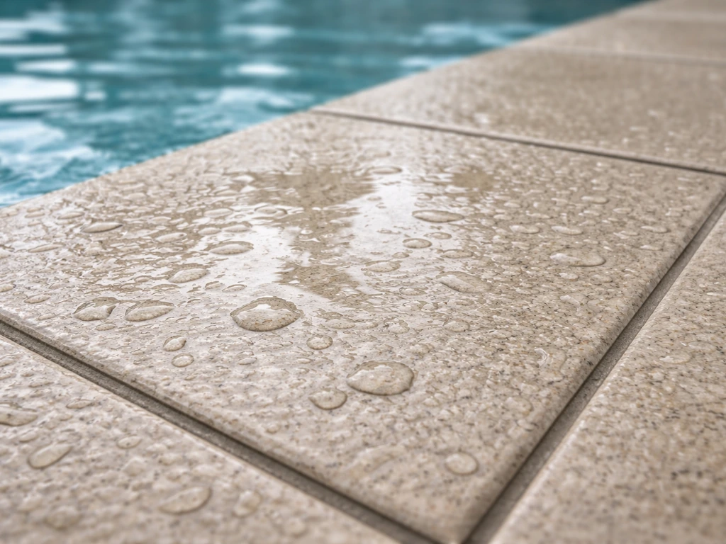 Wet porcelain pool tile close-up showing slip-resistant texture near the pool edge.
