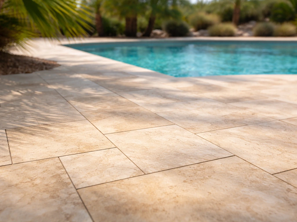 Sunlit travertine pool deck with light stone texture and soft shadows in a warm climate setting