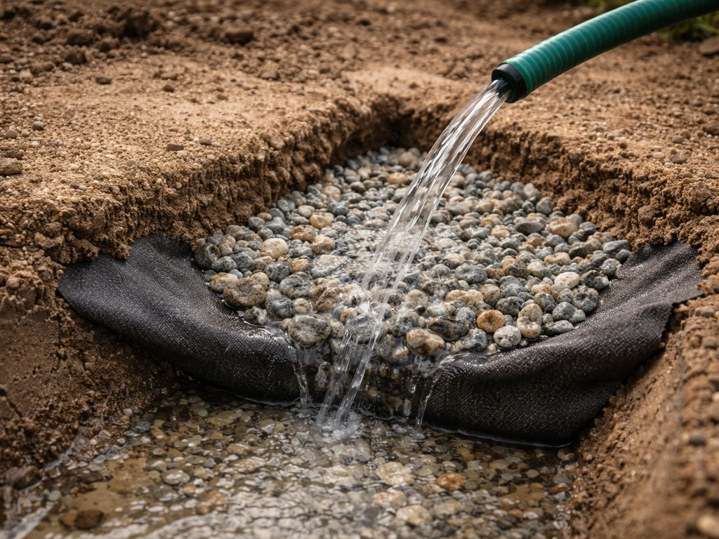 Outdoor gravel and decomposed granite over landscape fabric with water soaking down through the layers.