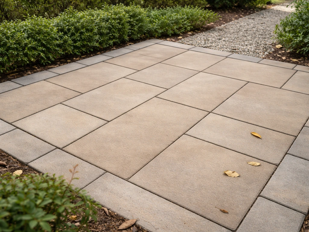 Finished outdoor garden patio with neatly laid concrete paver slabs, clean grout lines, and edging
