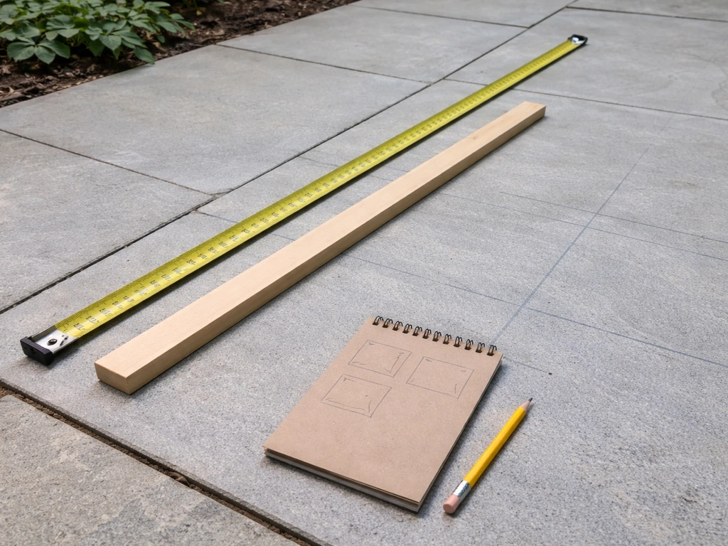 Measuring tape and straightedge on a marked patio with a blank notepad showing simple cut-out shapes.