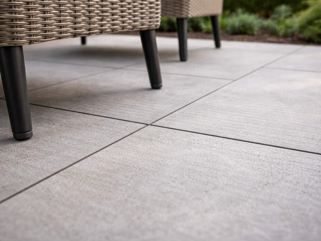 Close-up of patio pavers on a built base, showing joints and slight chair-foot pressure for load context.
