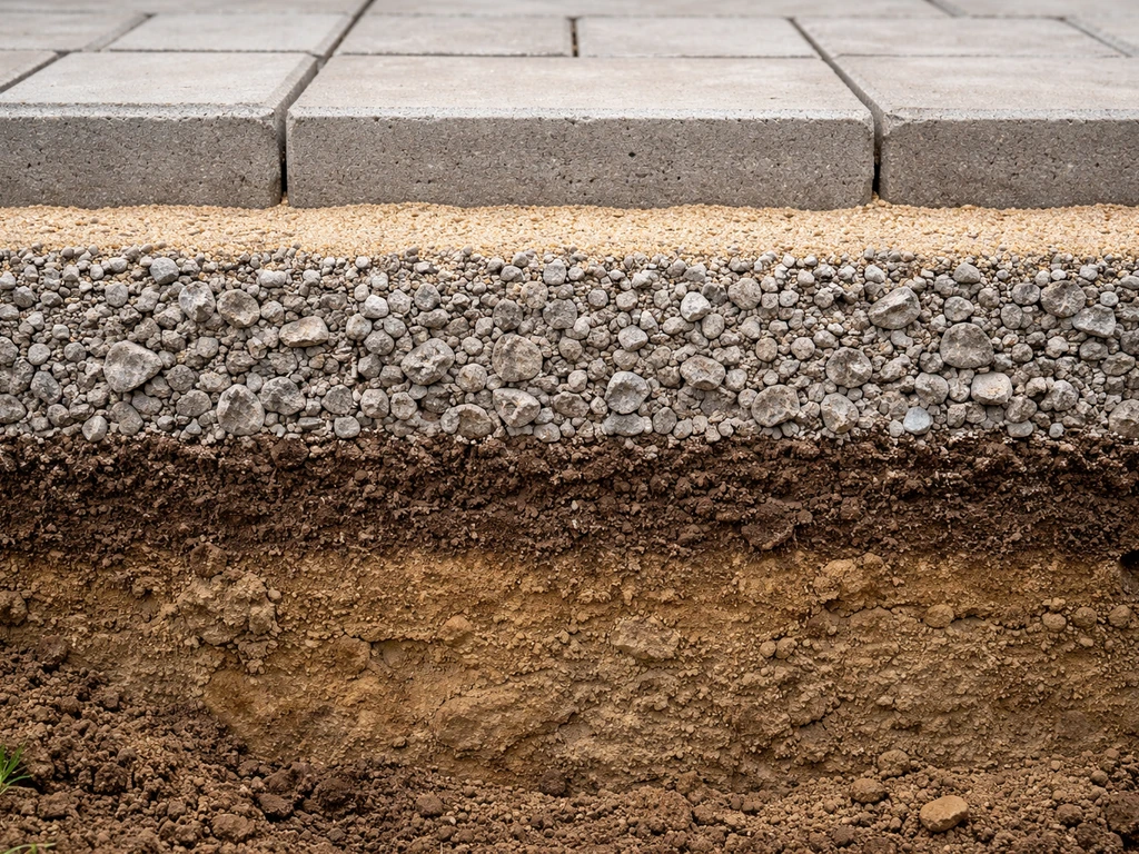 Cross-section photo-like view of a patio base: excavated soil, compacted crushed stone, bedding sand, pavers.