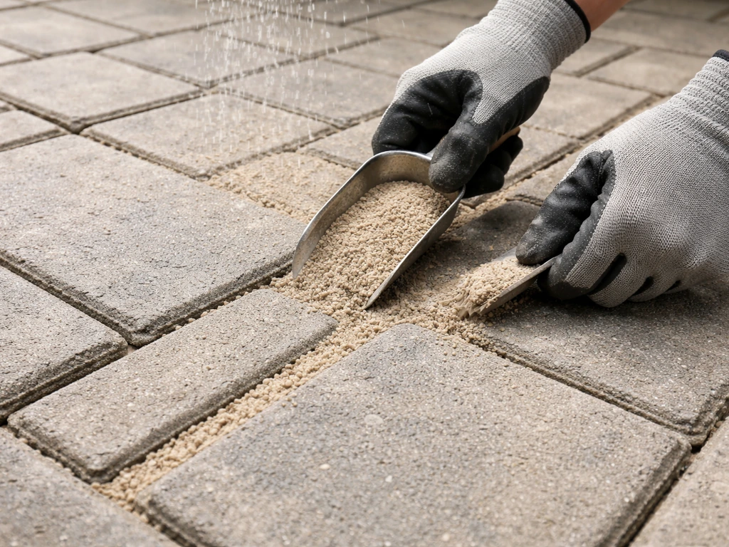 Hands sweeping polymeric jointing sand into patio paver joints, with joints being watered to settle