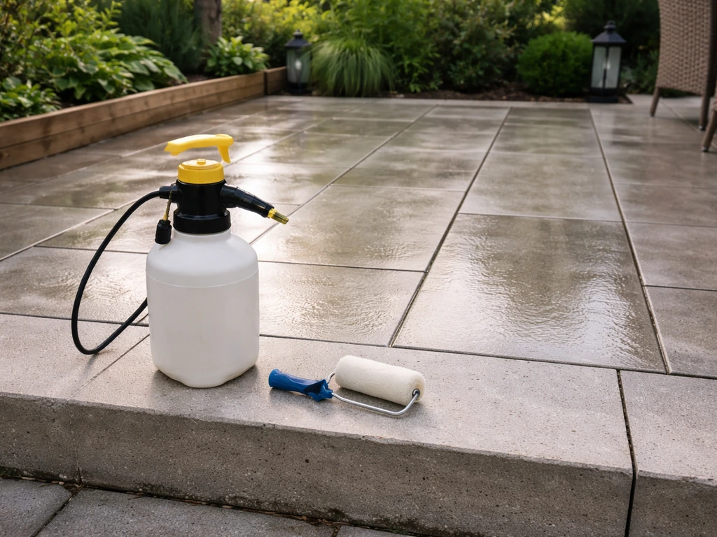 Handheld patio sprayer/roller beside damp freshly cleaned patio slabs, ready for sealing.