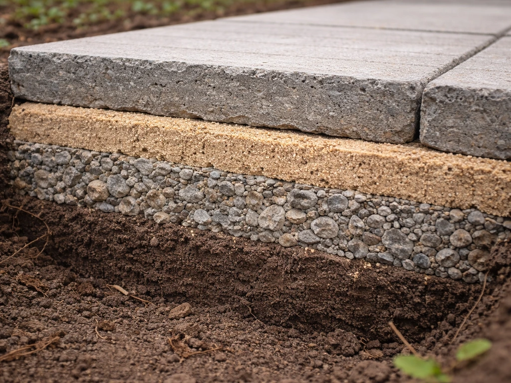 Close-up cutaway showing patio base layers: subgrade, subbase, bedding sand, and slab