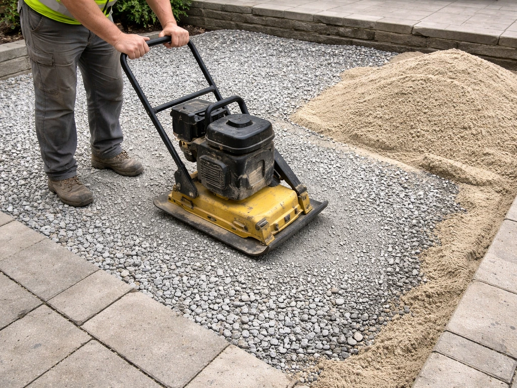Worker using a plate compactor on angular crushed-stone subbase beside loose bedding sand.