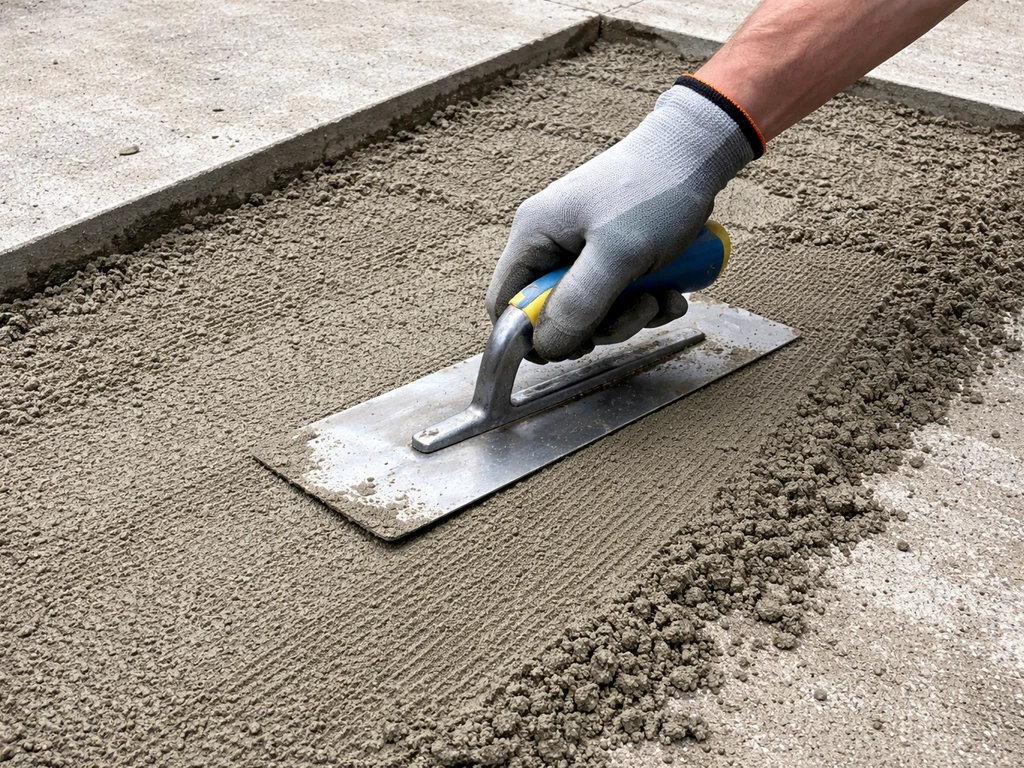 Hand using a spot trowel to spread and level semi-dry mortar bed on a concrete slab for outdoor tile.