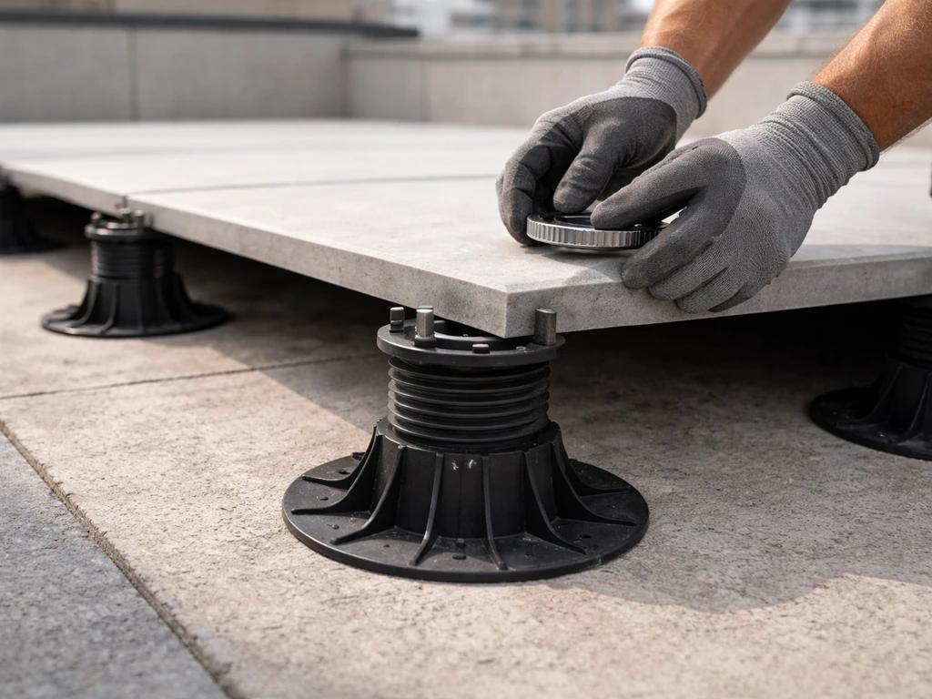 Worker installing adjustable pedestals and setting a large porcelain slab on a rooftop patio