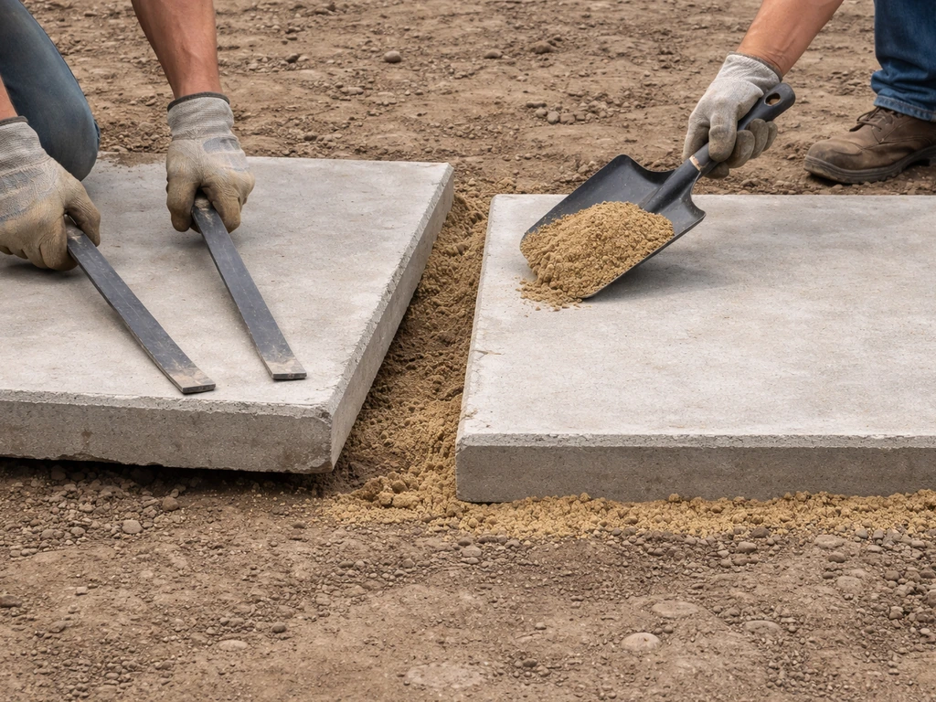 Two concrete slabs side-by-side: a sunken corner being lifted with pry bars and sand added beneath.