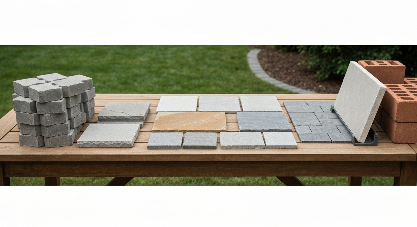 Samples of concrete pavers, flagstone, porcelain slab, and bricks arranged as a patio material display