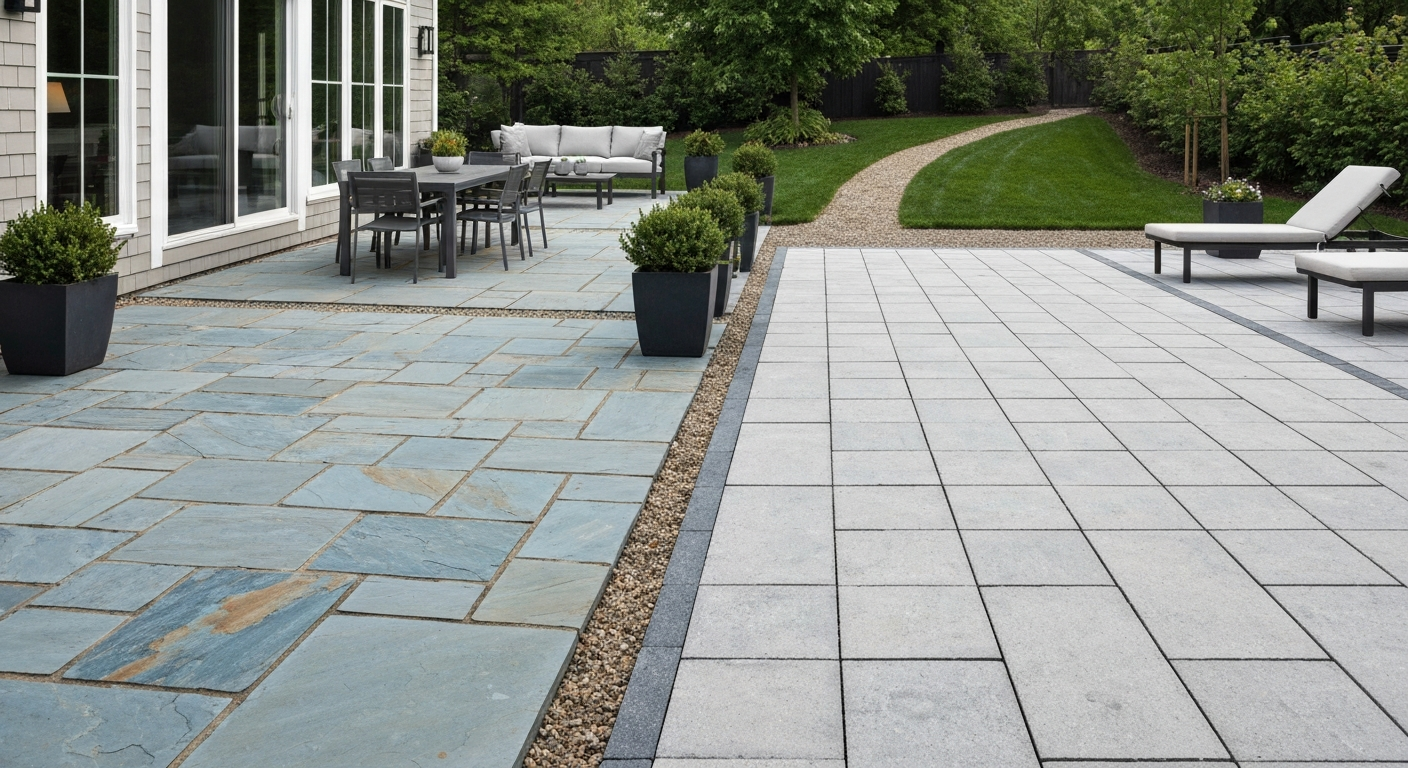 Wide-angle daytime photo of a backyard patio showing bluestone flagstone next to large-format 20 mm porcelain pavers with outdoor furniture and plants.