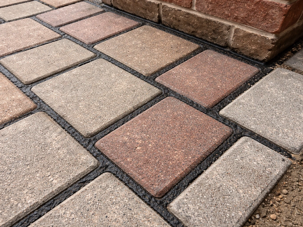 Close-up of wide brick/block paving joints filled with dark resin jointing compound.