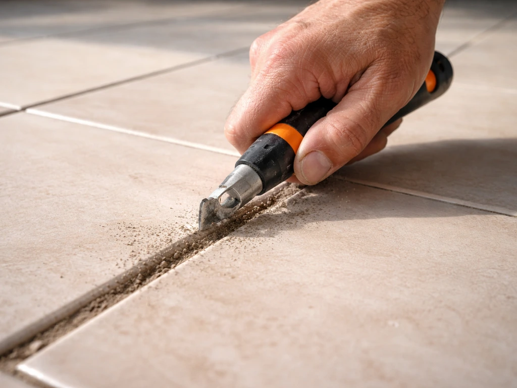 Close-up of a grout rake removing old grout from a tile joint to even depth.