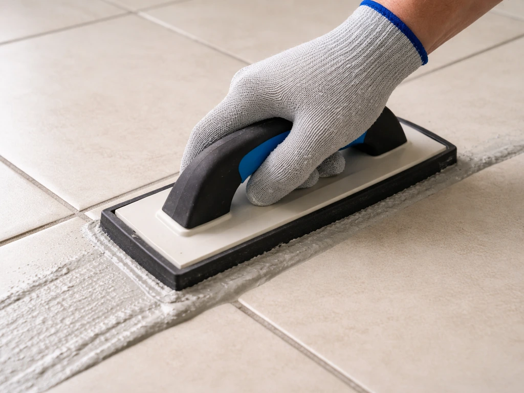 Close-up of a rubber float pressing epoxy grout diagonally into tile joints.