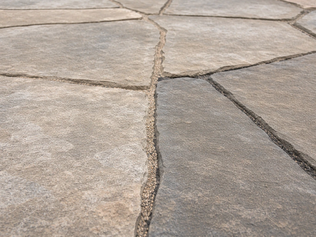 Flagstone patio surface showing sand-filled vs polymeric-filled joints with clear, stable joint lines.