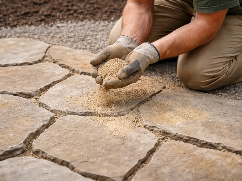 Gloved hands adding joint filler into varied gaps between irregular flagstone slabs on a patio.