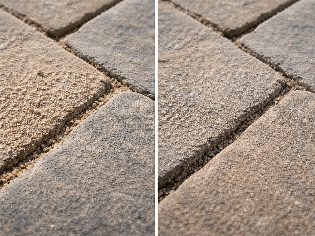 Close-up of flagstone joints: dry loose plain sand on one side, polymeric sand texture on the other.