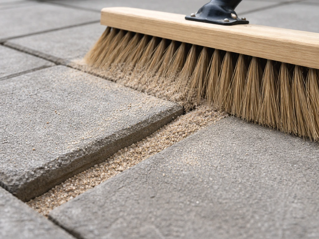 Close-up of polymeric sand swept into wide joints between pavers with a stiff broom