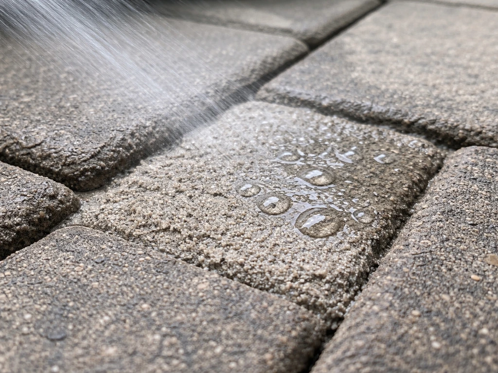 Close-up of polymeric sand between pavers as a light water mist settles on it before puddling