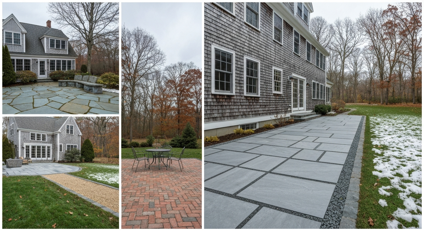 Panoramic New England backyard showing bluestone, clay brick pavers, porcelain pavers, and gravel patio areas beside a farmhouse with light late-fall snow.