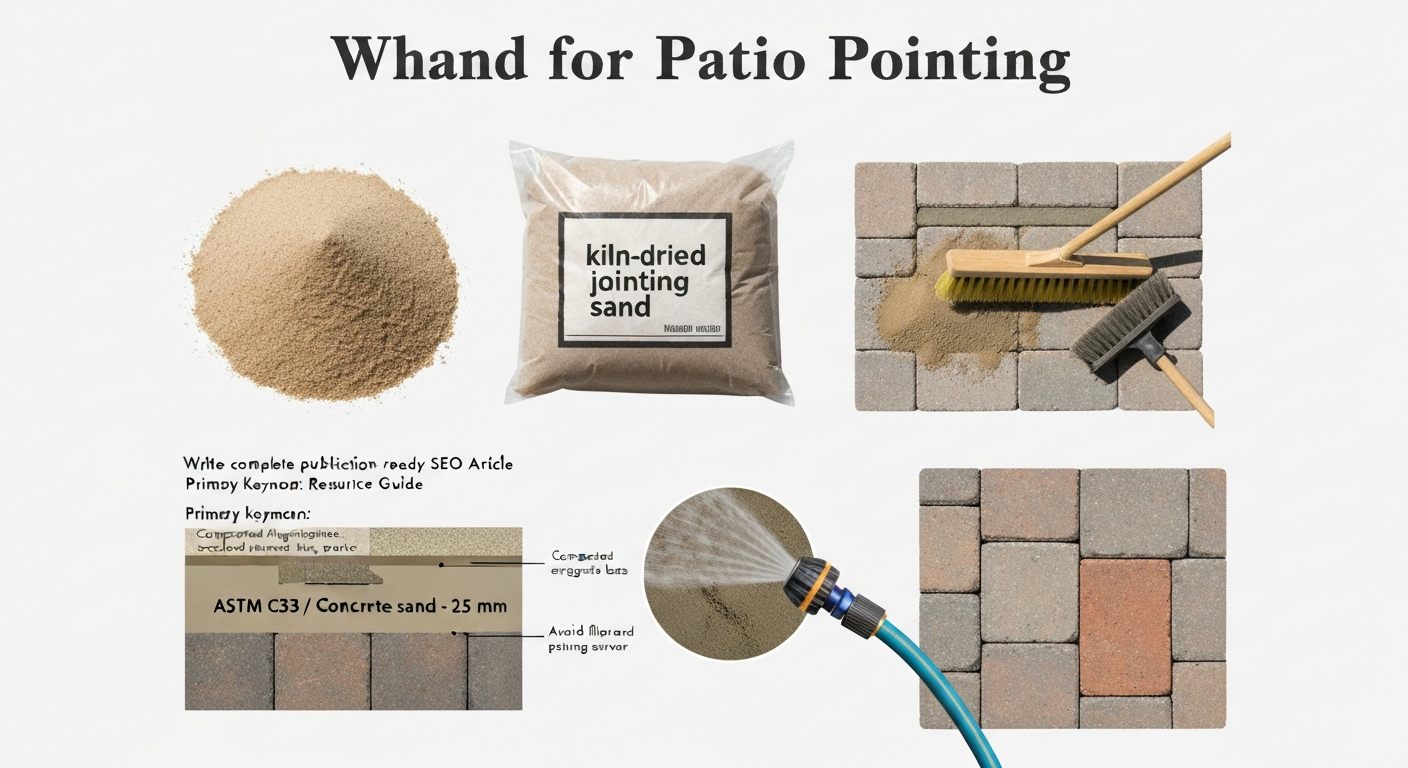 Top-down image showing sharp sand, a bag of kiln-dried jointing sand, polymeric sand being swept into paver joints, and a small mortar-pointed brick sample with a layered cross-section inset.