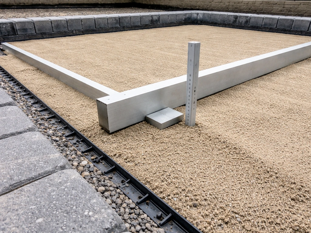 Close-up of interlocking paver edging and leveling board showing precise slope on patio base