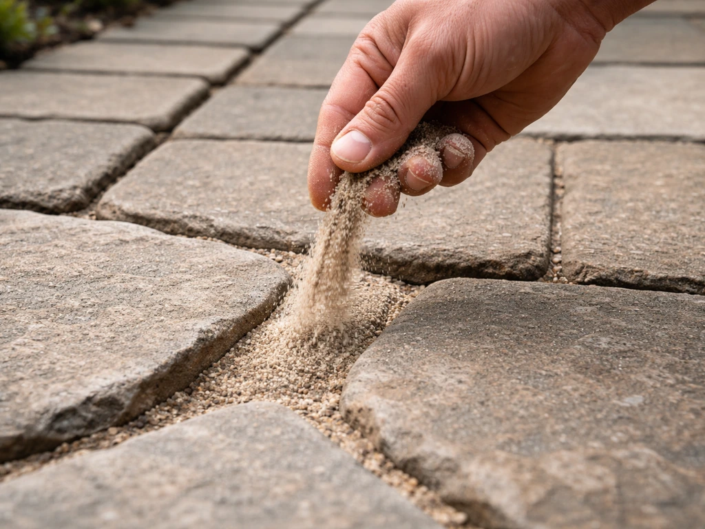 Hand sprinkling polymeric sand into patio paver joints to help prevent weeds.