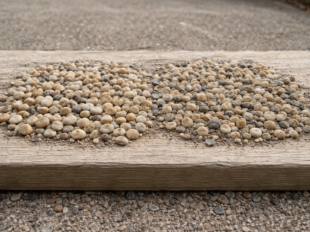 Close-up of round and slightly angular pea gravel stones on a flat board with gentle foot pressure marks.