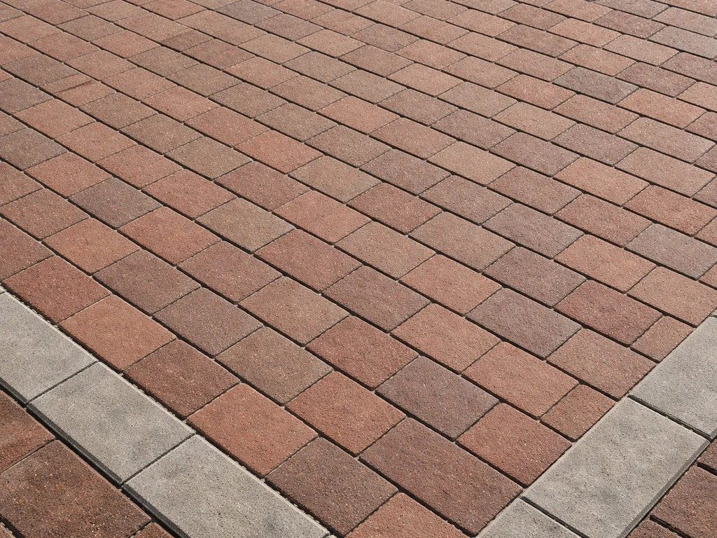 Close-up of warm brick pavers laid in a patio with visible joints and a clean edge border.