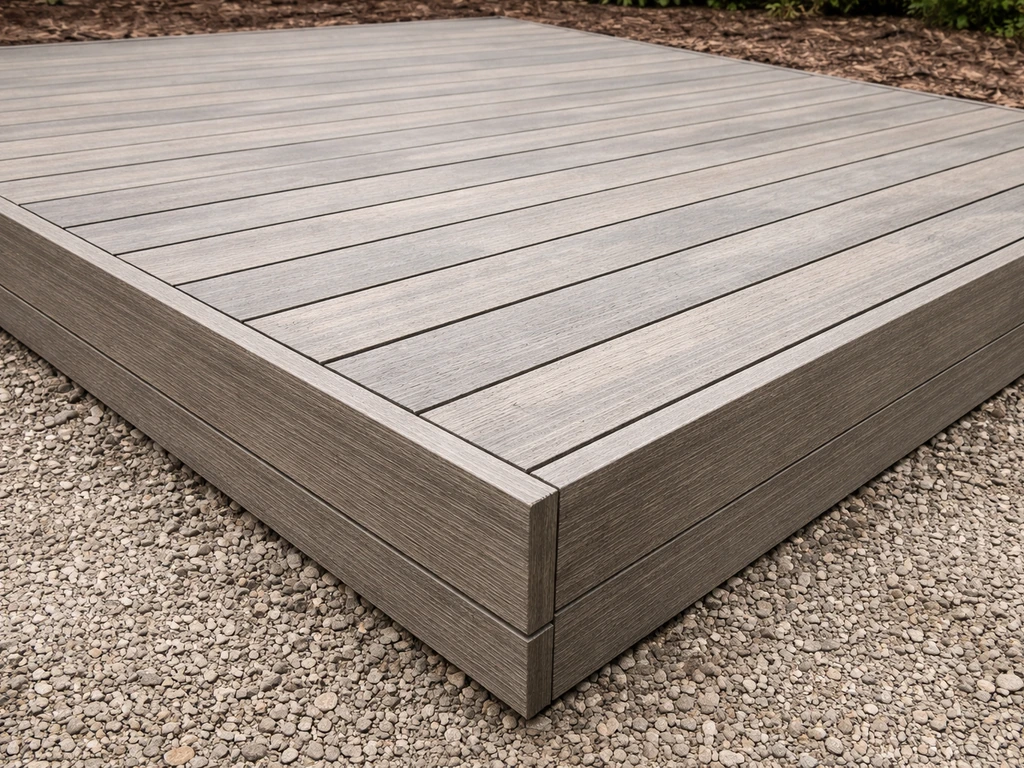 Low-profile raised patio deck with composite boards and panels, showing seams and weathered outdoor wear