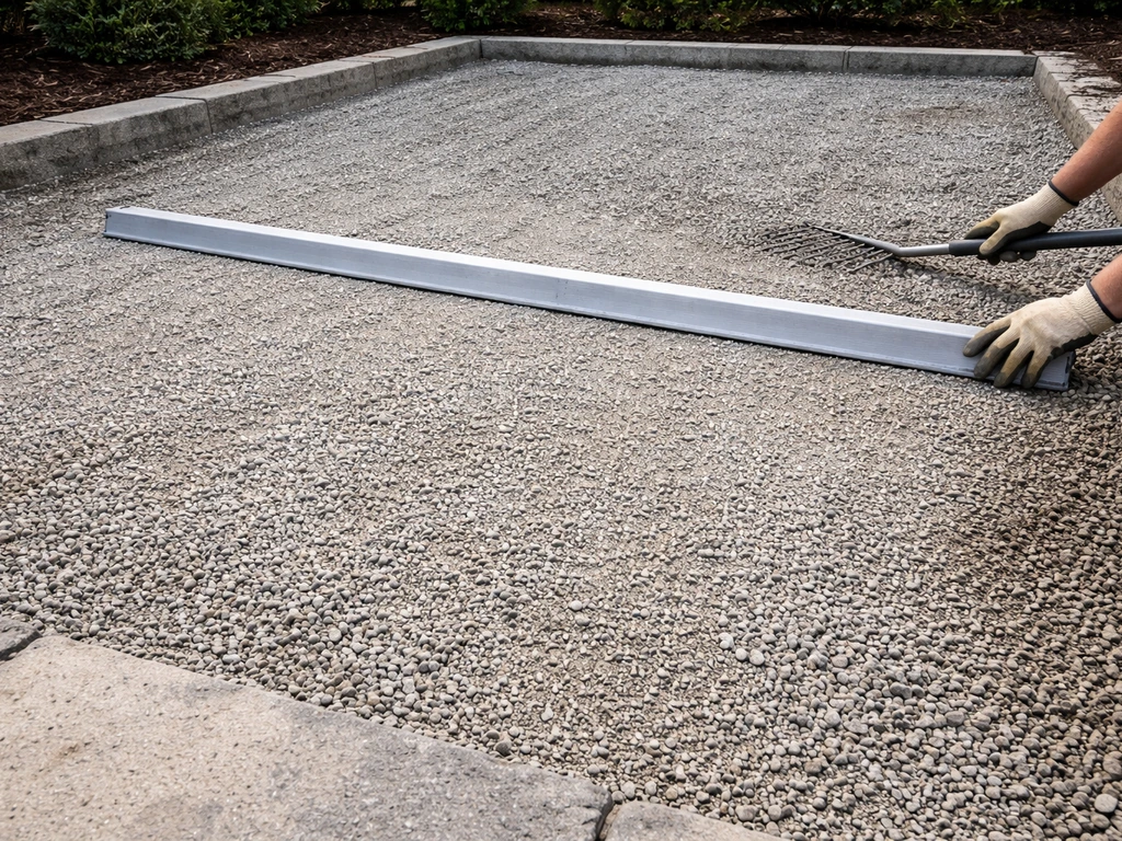 Work crew tool on compacted gravel base for pavers with visible drainage slope cues