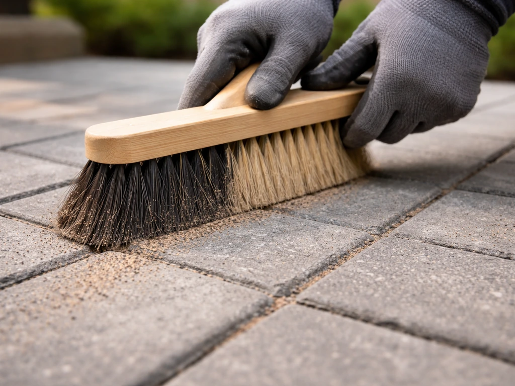 Hands brushing polymeric sand into paver joints after mortar has cured