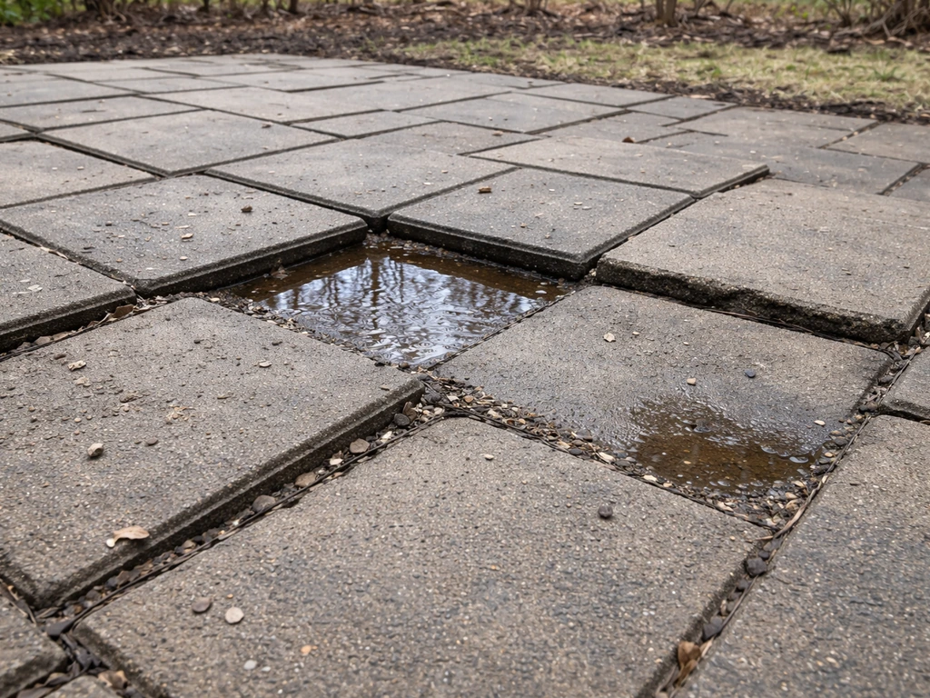 Winter freeze-thaw patio pavers with heaving and small water pooling near cracked joints.