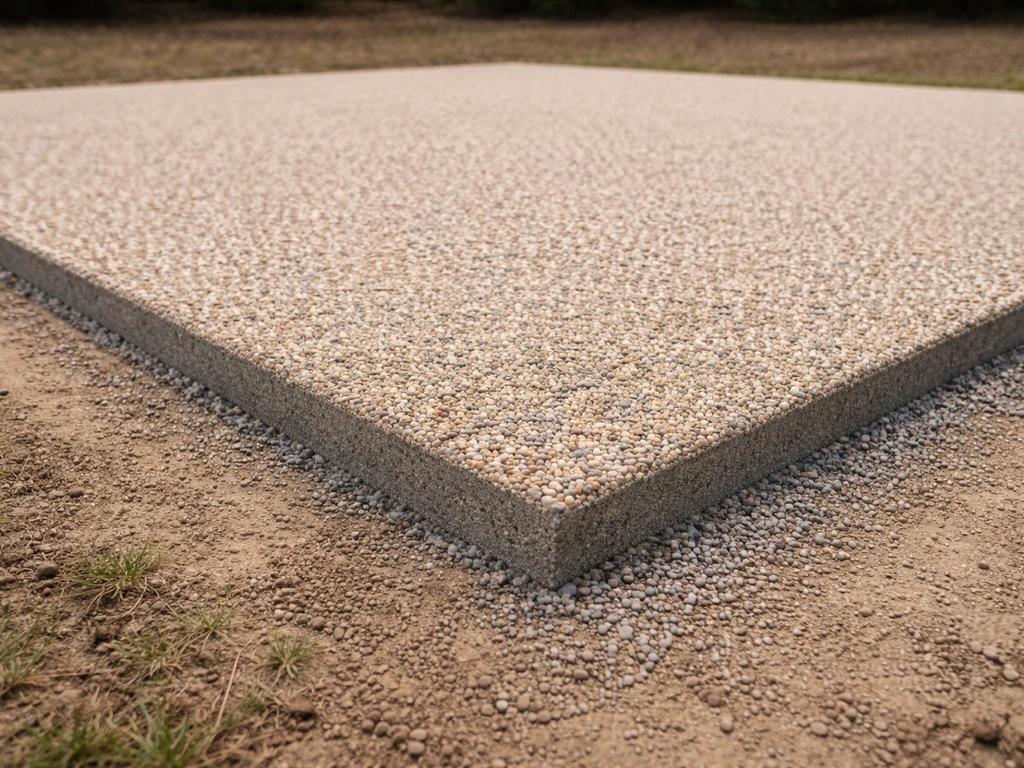 Close view of a finished pea gravel patio edge with a clean, graded drainage-ready gravel bed.