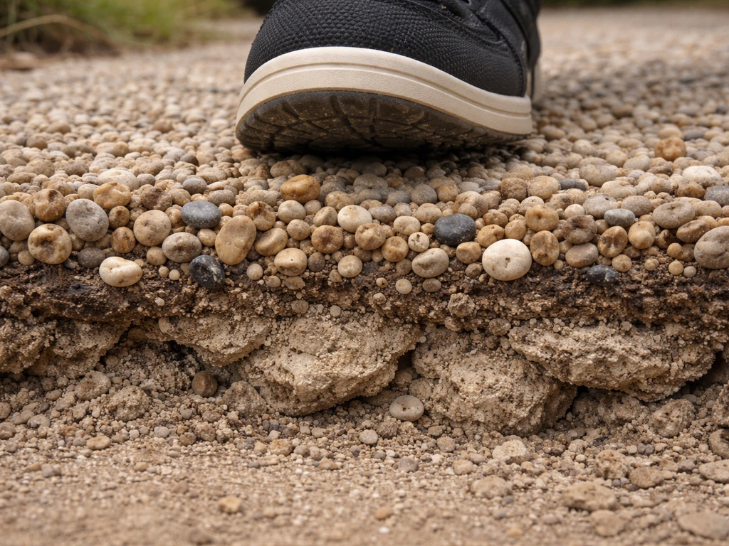 Minimal patio cross-section with loose pea gravel shifting under an uneven foot press, showing weak base support.