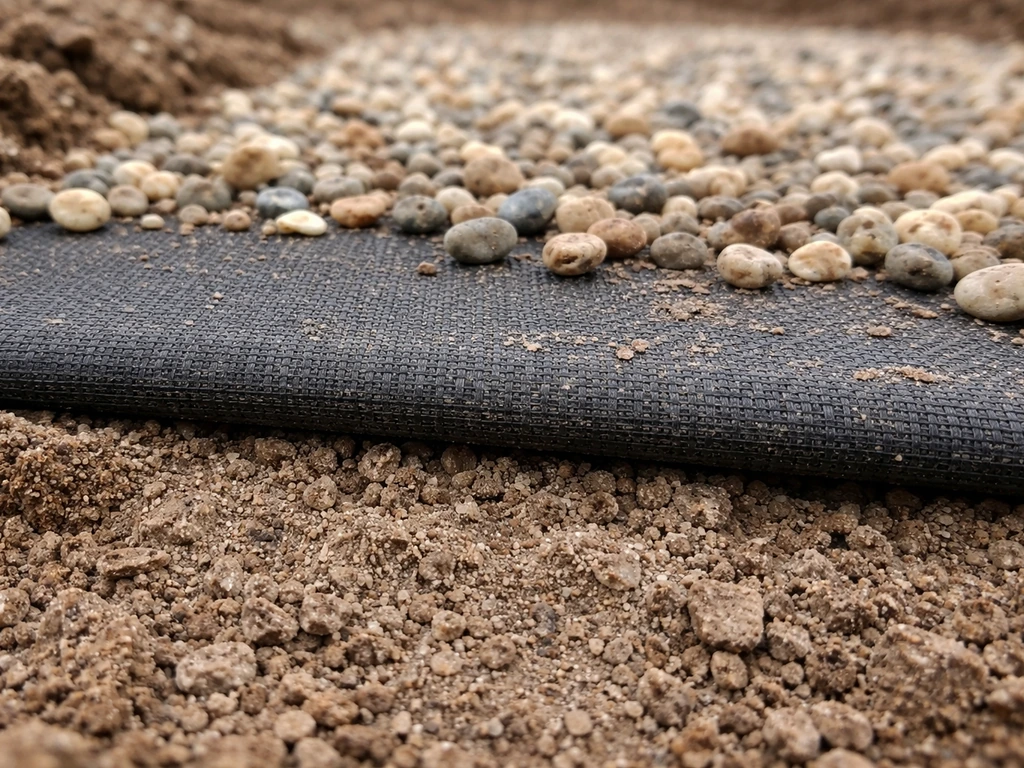 Close-up of geotextile fabric under pea gravel, showing the weed-block layer between layers.
