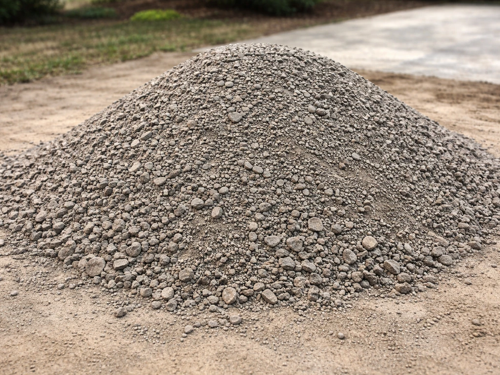 Angled view of a stockpile of dense-graded crusher run aggregate ready for patio base