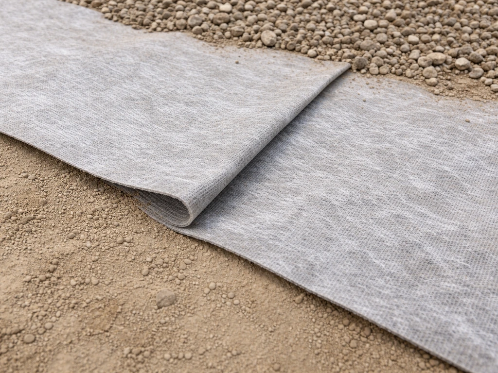 Close-up of overlapping geotextile strips laid under pea gravel to block weeds and soil migration