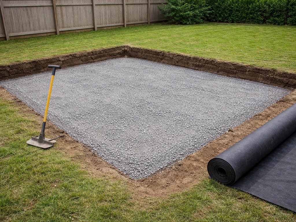 Excavated rectangular patio area with compacted base layers and geotextile ready for pea gravel.