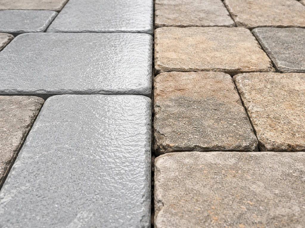 Close-up of patio stones with one section freshly painted and another unpainted, showing contrast