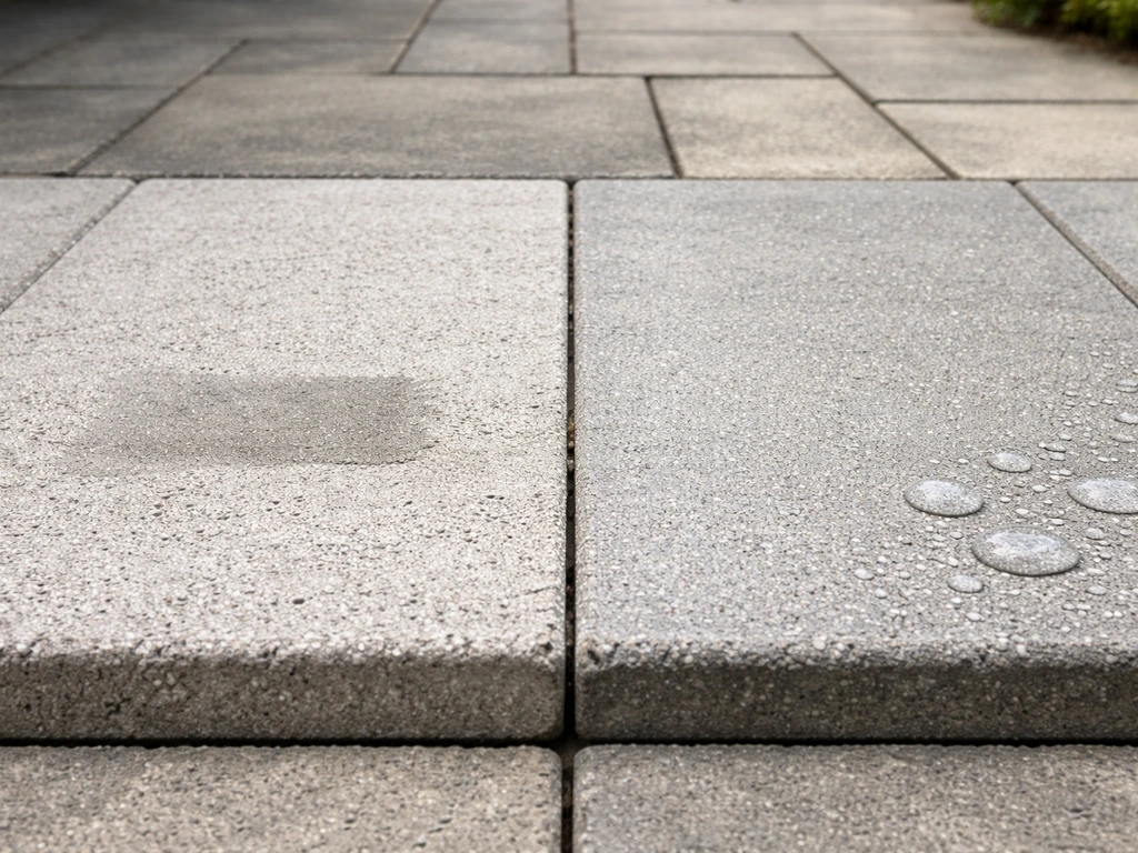 Side-by-side close-up of patio stone surfaces showing paintable concrete pavers and avoided sealed stone.